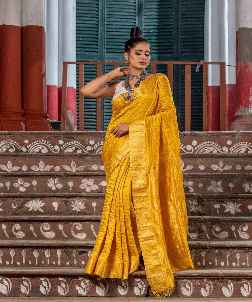 Yellow silk matka handloom bengal jamdani saree