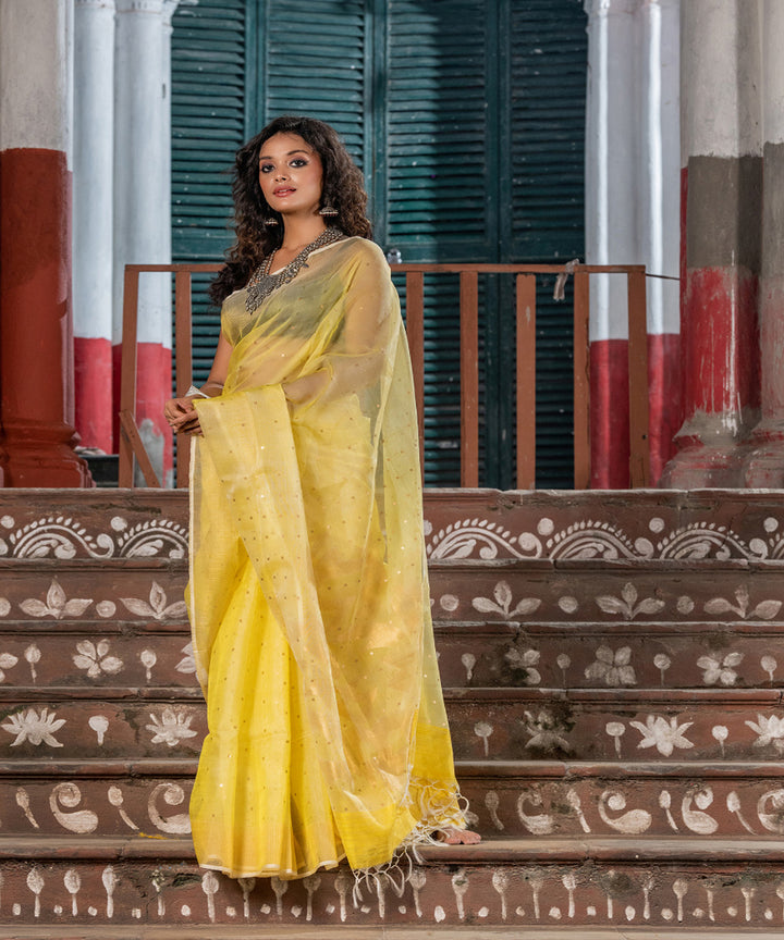 Light yellow silk matka handloom bengal jamdani saree