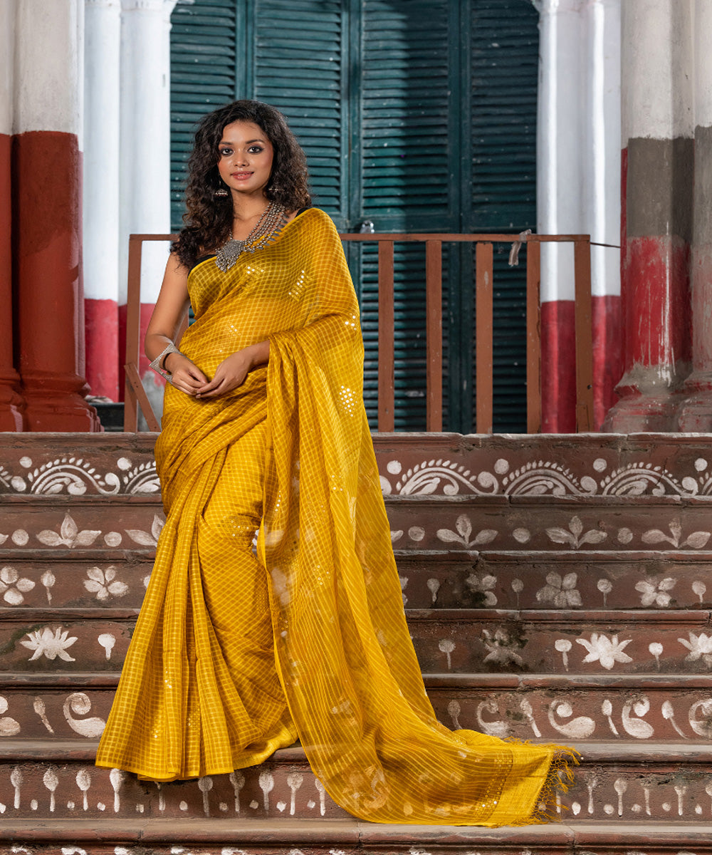 Yellow silk sequin handloom bengal jamdani saree