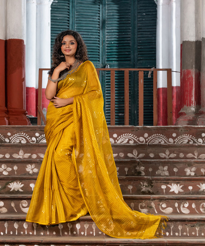 Yellow silk sequin handloom bengal jamdani saree