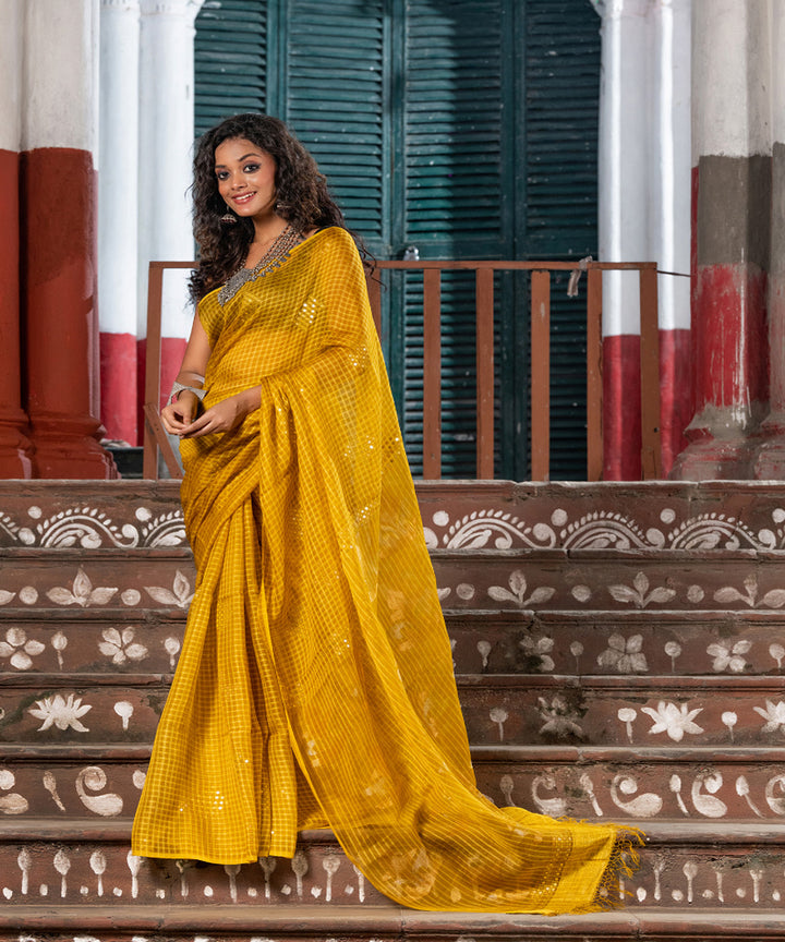 Yellow silk sequin handloom bengal jamdani saree