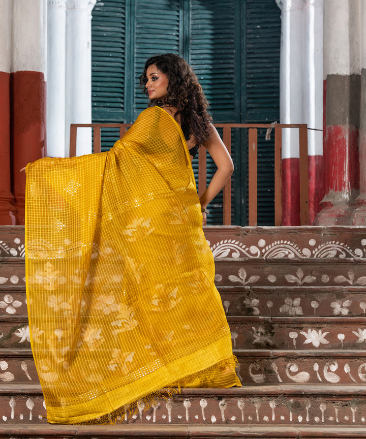 Yellow silk sequin handloom bengal jamdani saree