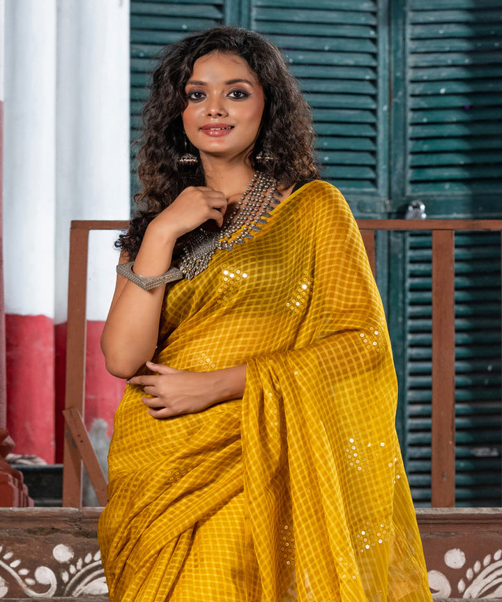 Yellow silk sequin handloom bengal jamdani saree