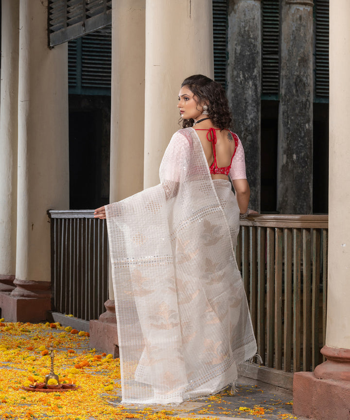 White silk sequin handloom bengal jamdani saree
