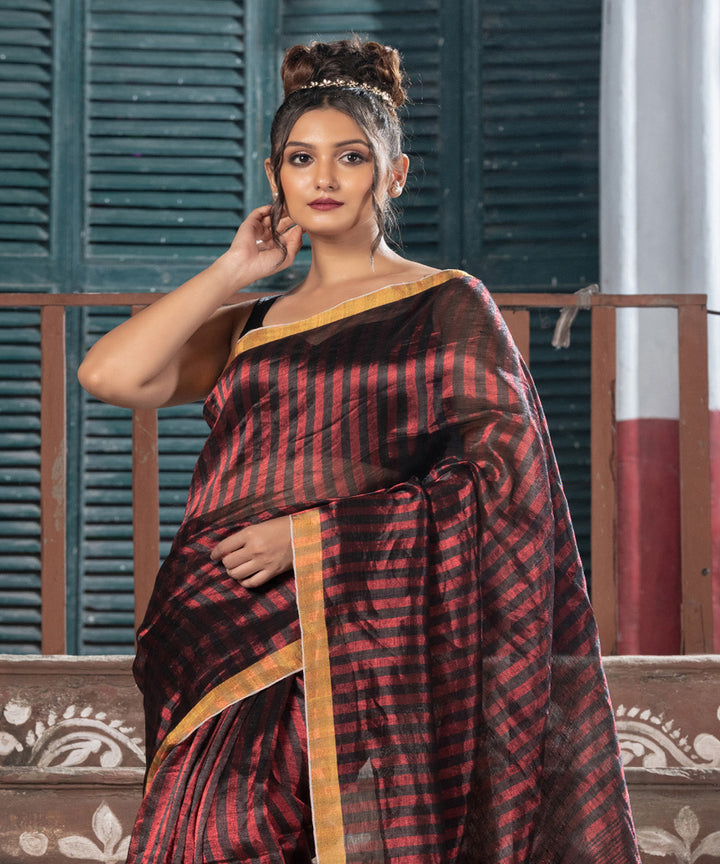 Red linen checks handloom bengal saree