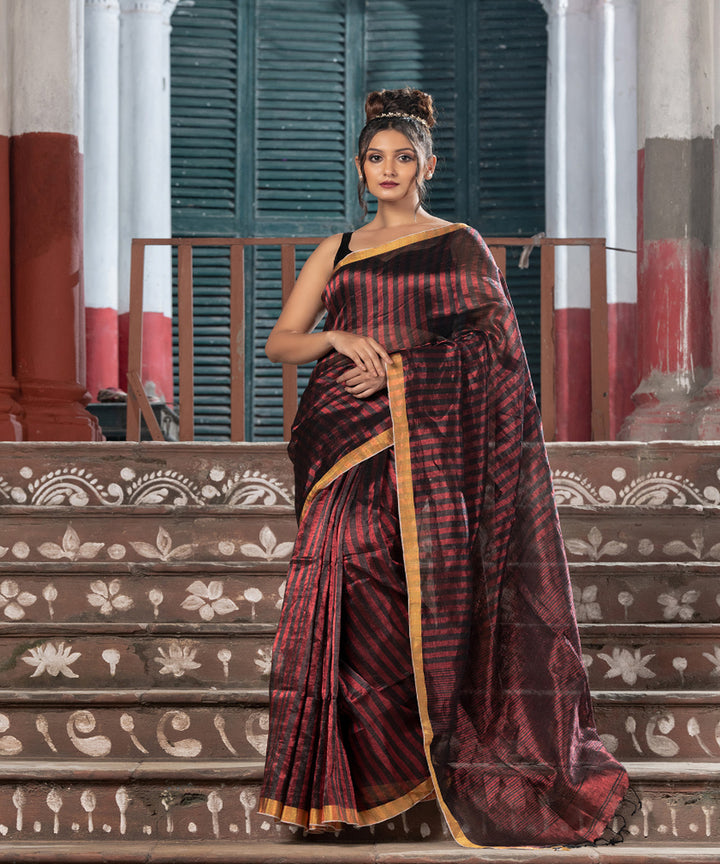 Red linen checks handloom bengal saree
