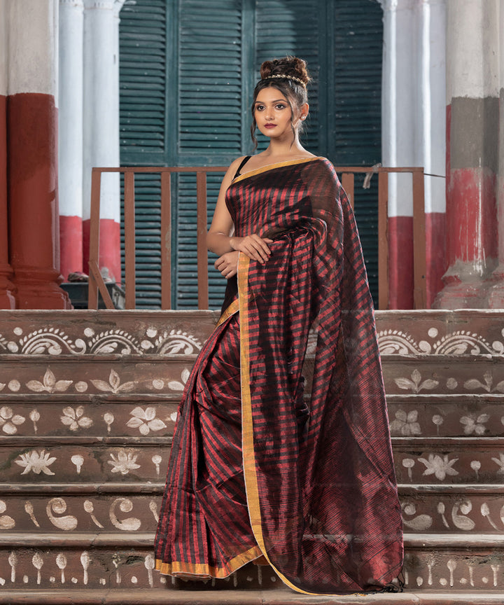 Red linen checks handloom bengal saree