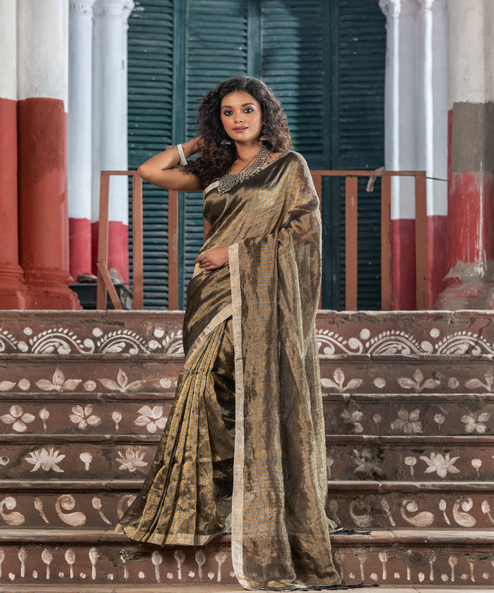 Silver linen checks handloom bengal saree