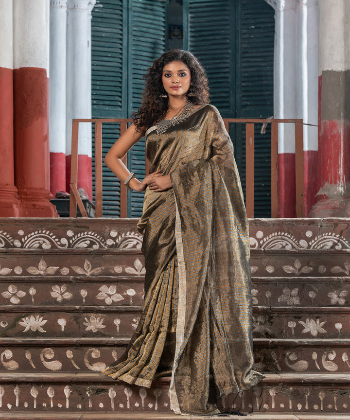 Silver linen checks handloom bengal saree