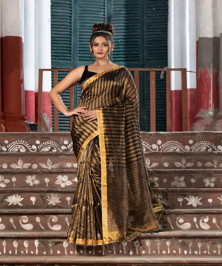 Black gold linen checks handloom bengal saree