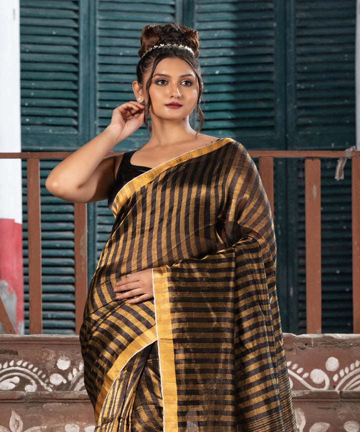 Black gold linen checks handloom bengal saree