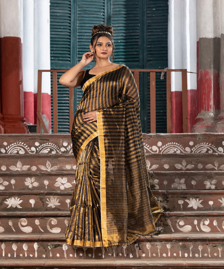 Black gold linen checks handloom bengal saree