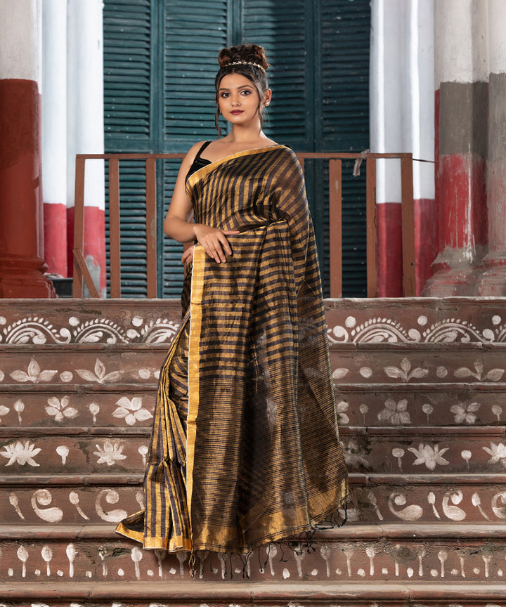 Black gold linen checks handloom bengal saree
