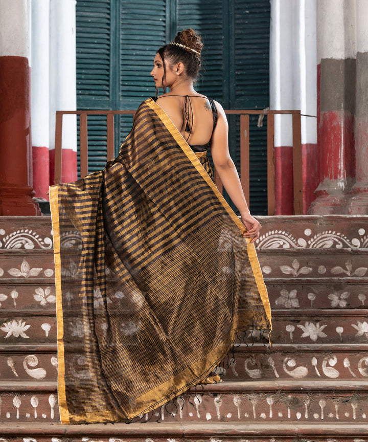Black gold linen checks handloom bengal saree
