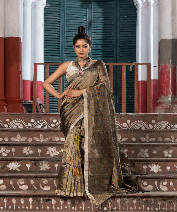 Gold linen checks bengal handloom saree
