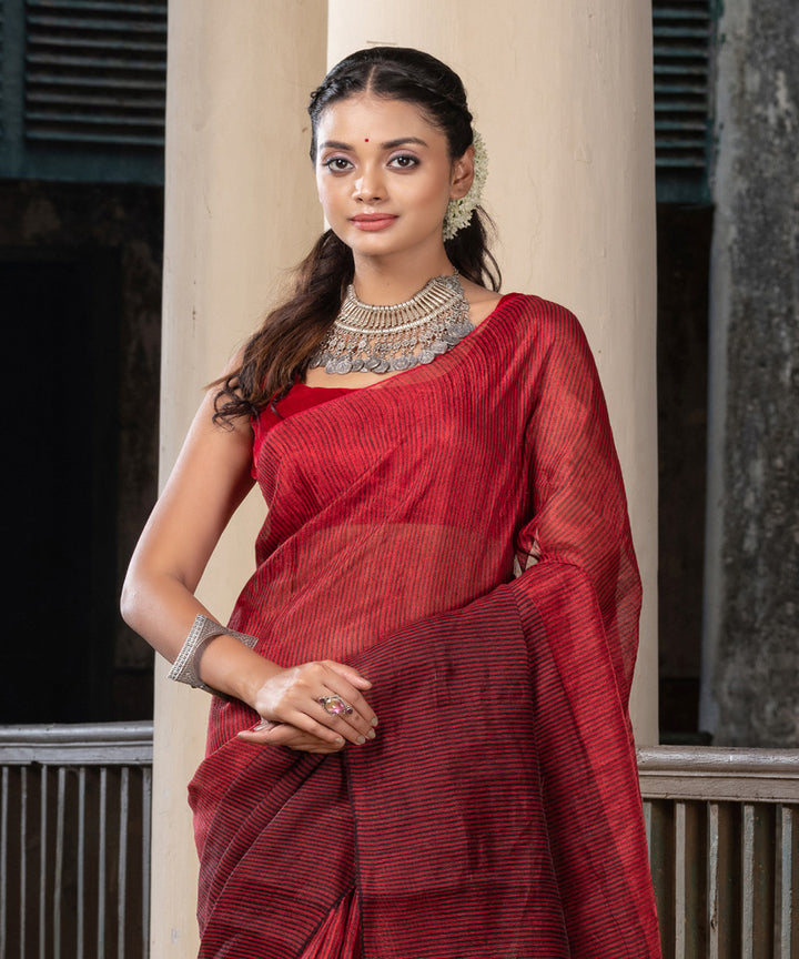 Black red linen tissue handwoven bengal saree