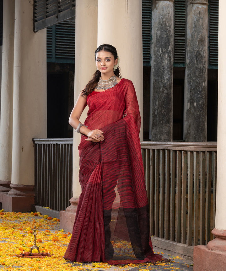 Black red linen tissue handwoven bengal saree