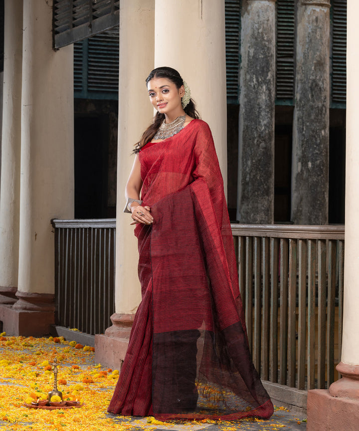 Black red linen tissue handwoven bengal saree