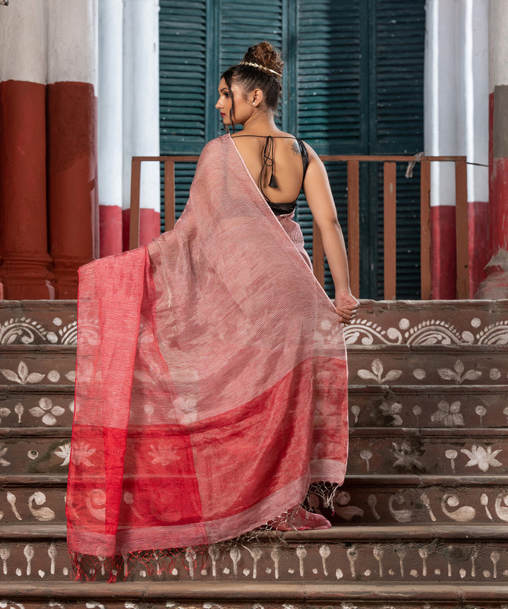 Red bengal silver tissue linen handwoven saree
