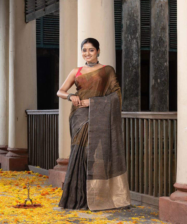Silver gold tissue linen handwoven bengal saree
