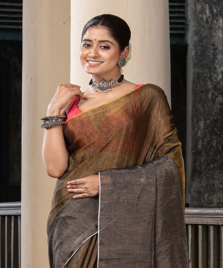 Silver gold tissue linen handwoven bengal saree
