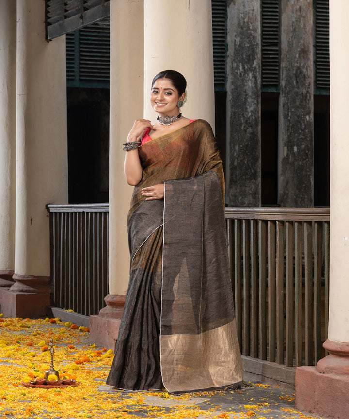 Silver gold tissue linen handwoven bengal saree