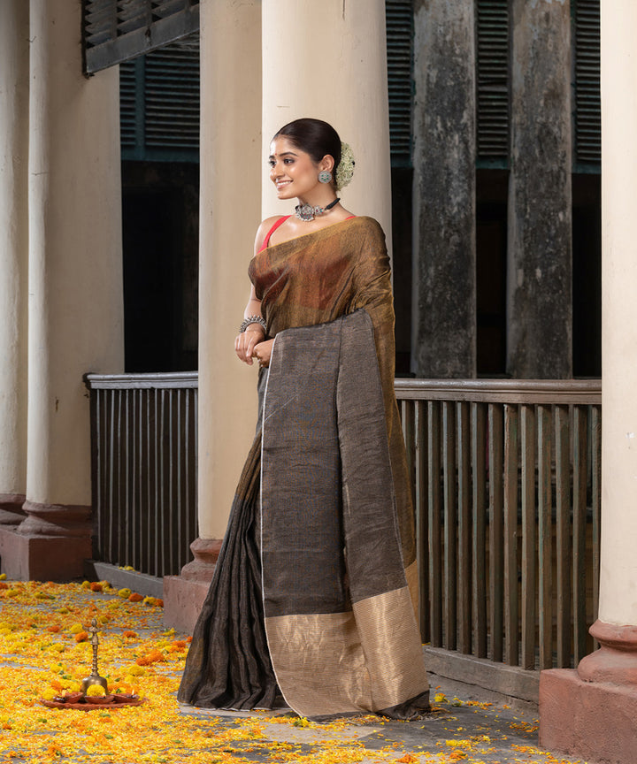 Silver gold tissue linen handwoven bengal saree