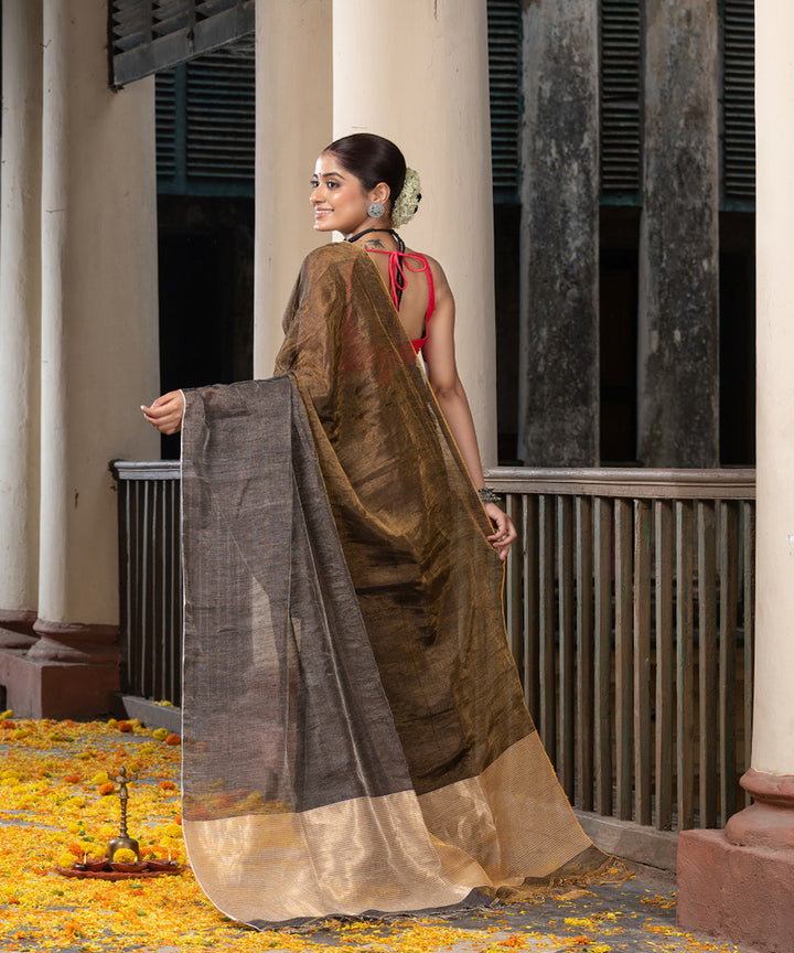 Silver gold tissue linen handwoven bengal saree