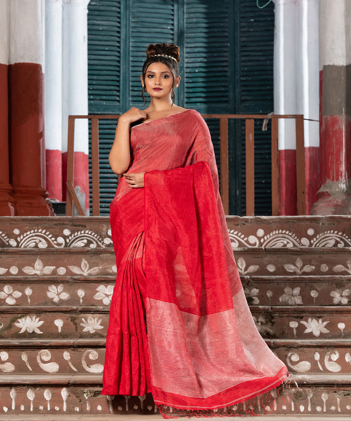 Red silver tissue linen handwoven bengal saree