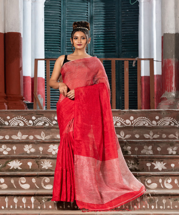 Red silver tissue linen handwoven bengal saree