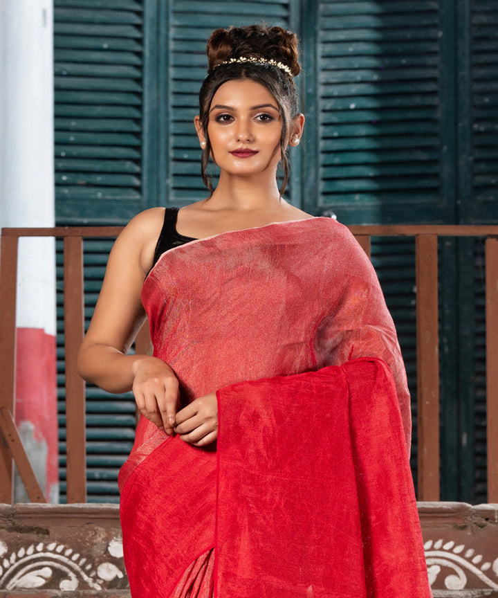 Red silver tissue linen handwoven bengal saree