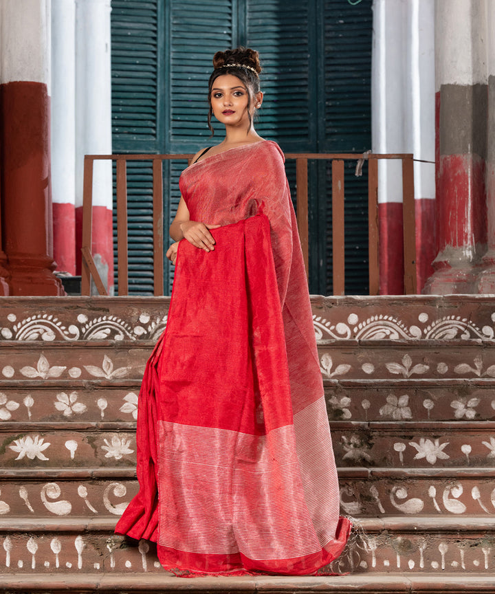 Red silver tissue linen handwoven bengal saree