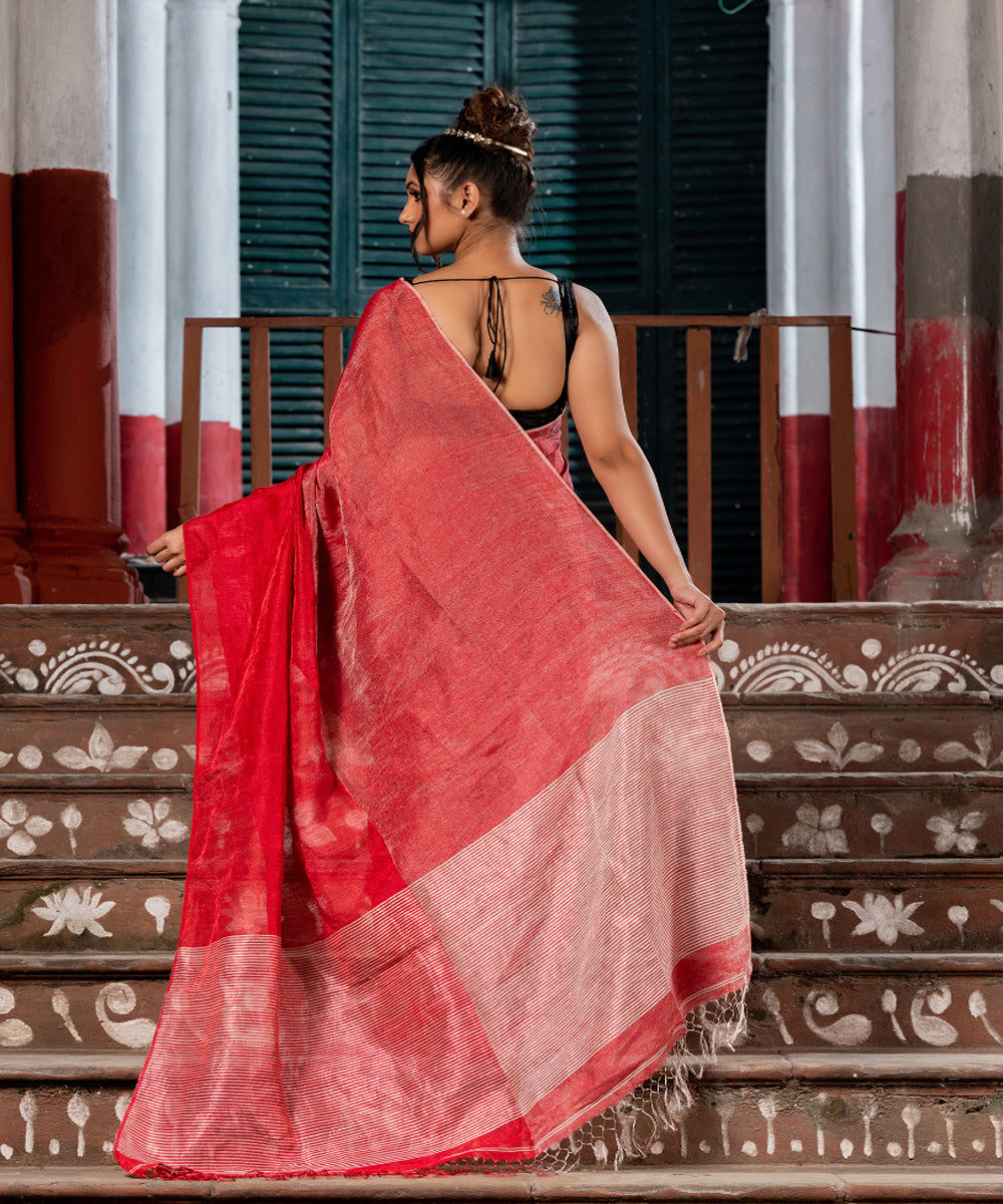 Red silver tissue linen handwoven bengal saree