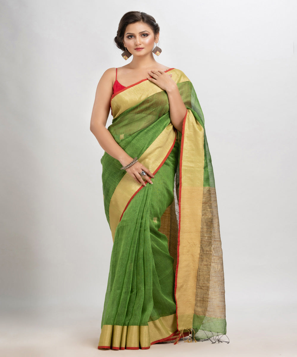 Lime green handloom silk blend linen bengal saree