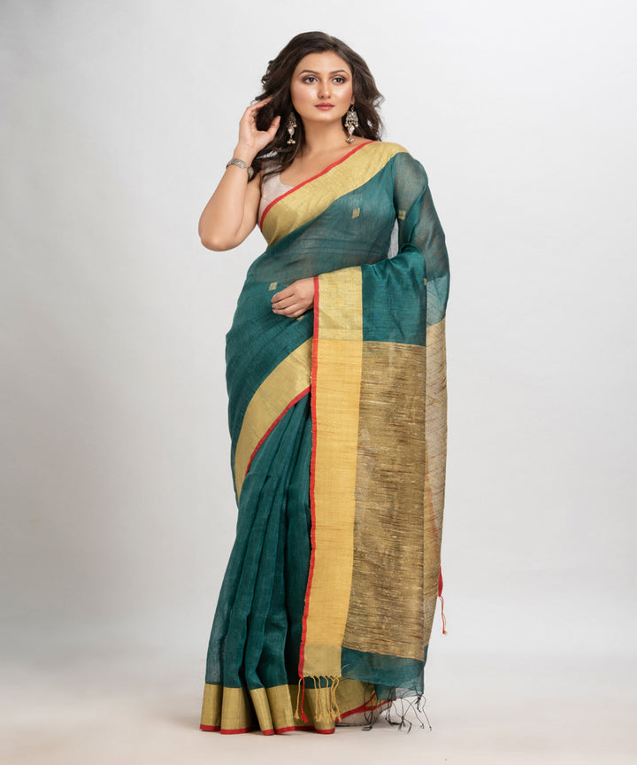 Dark teal handloom silk blend linen bengal saree