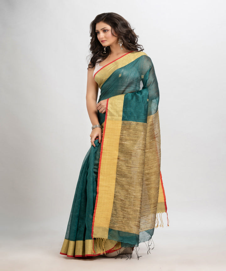 Dark teal handloom silk blend linen bengal saree