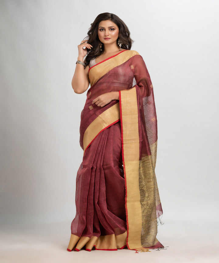 Umber brown handloom silk blend linen bengal saree