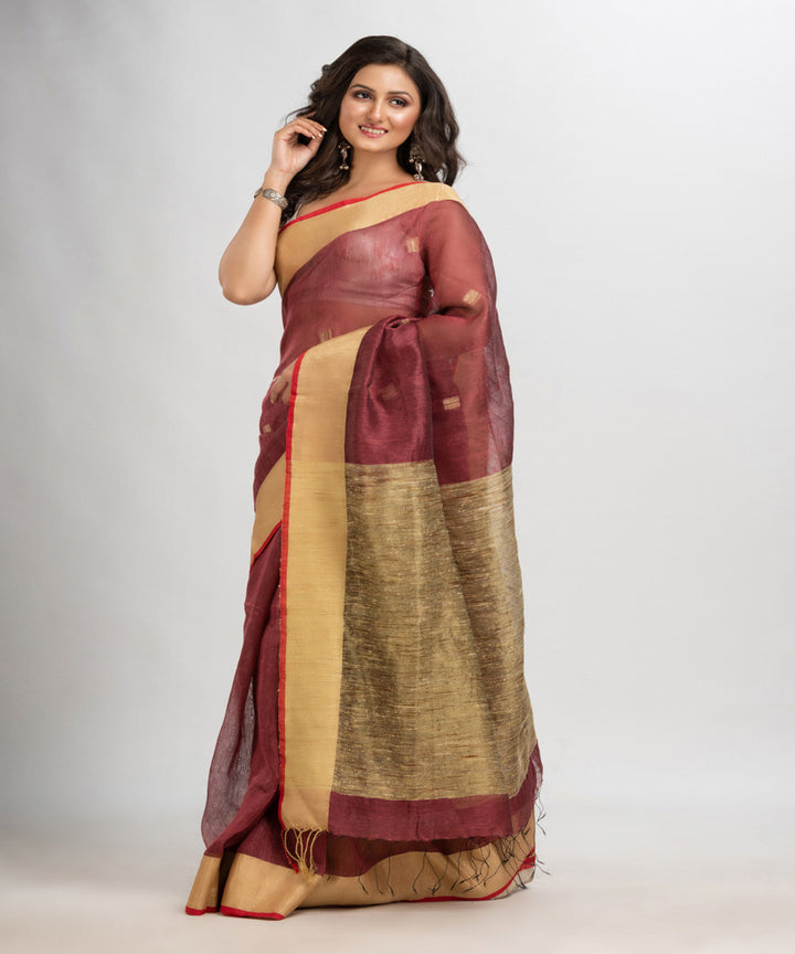 Umber brown handloom silk blend linen bengal saree