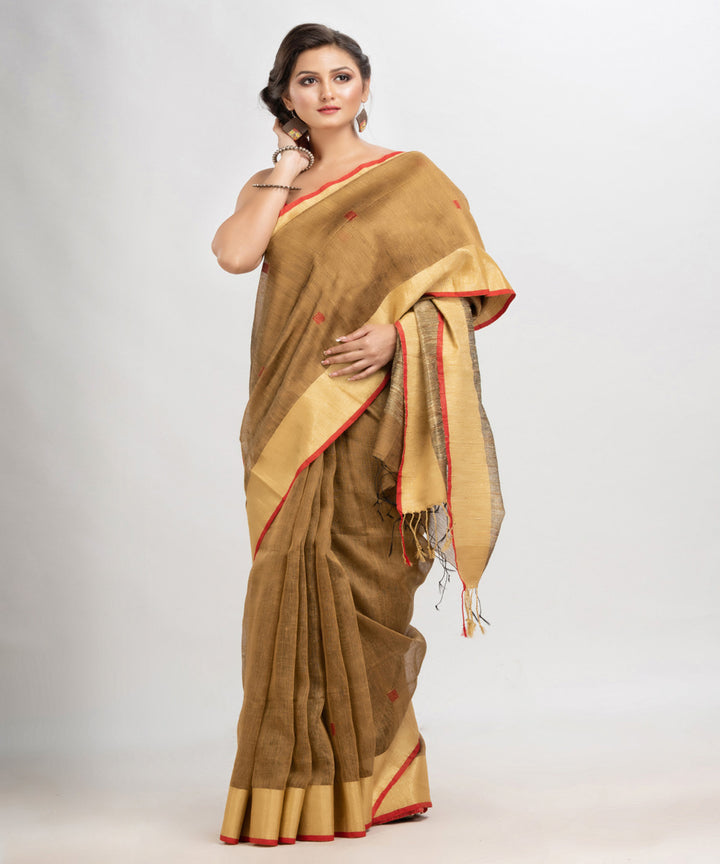 Light brown red handloom silk blend linen bengal saree