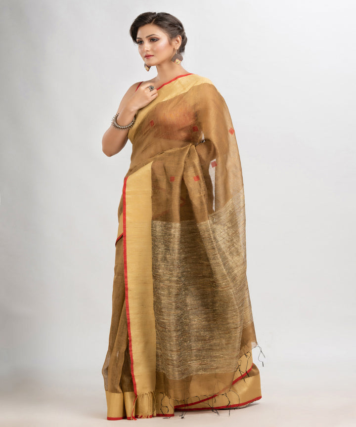 Light brown red handloom silk blend linen bengal saree