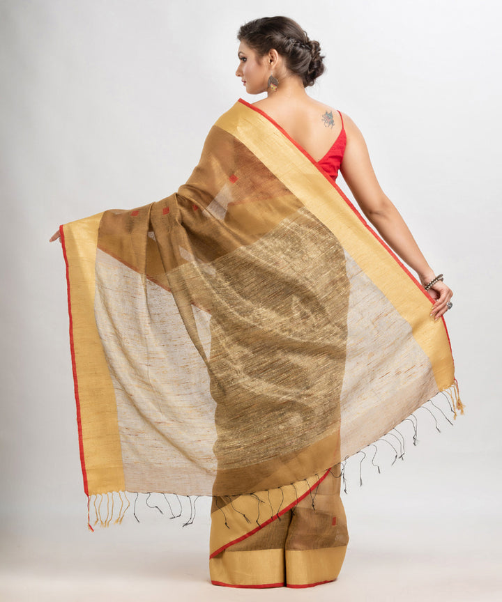 Light brown red handloom silk blend linen bengal saree