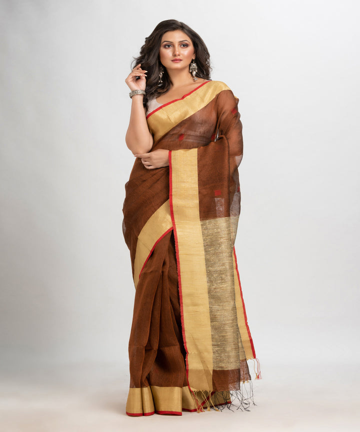 Coffee handloom silk blend linen bengal saree