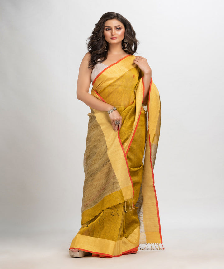 Mustard red handloom silk blend linen bengal saree