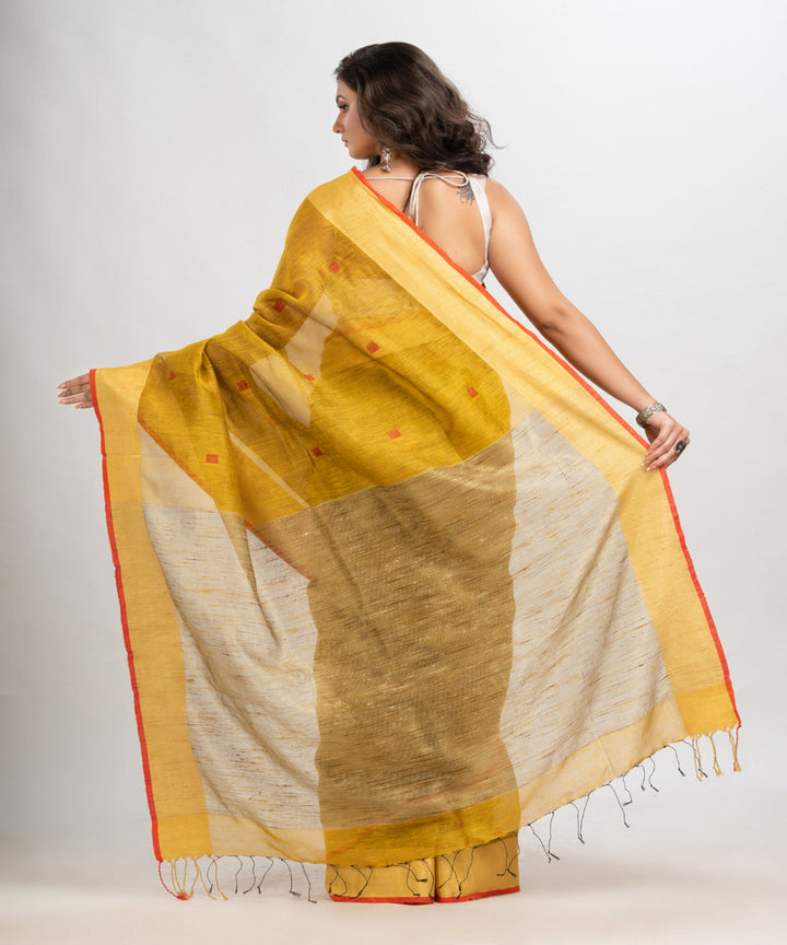 Mustard red handloom silk blend linen bengal saree