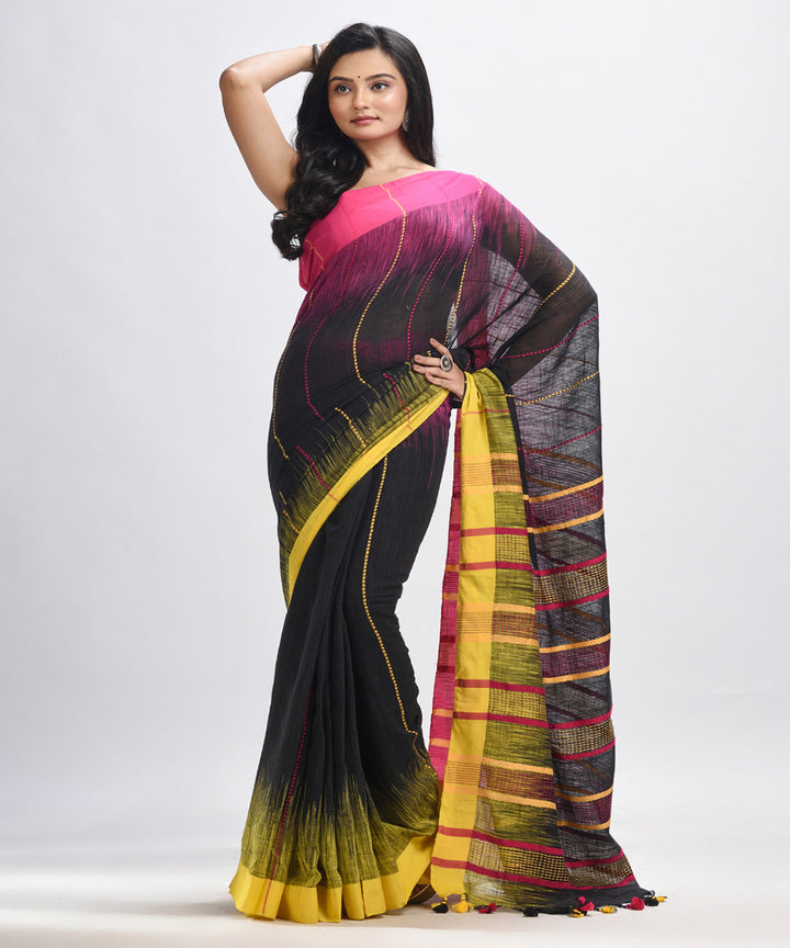 Black yellow pink handwoven tie dye cotton bengal saree