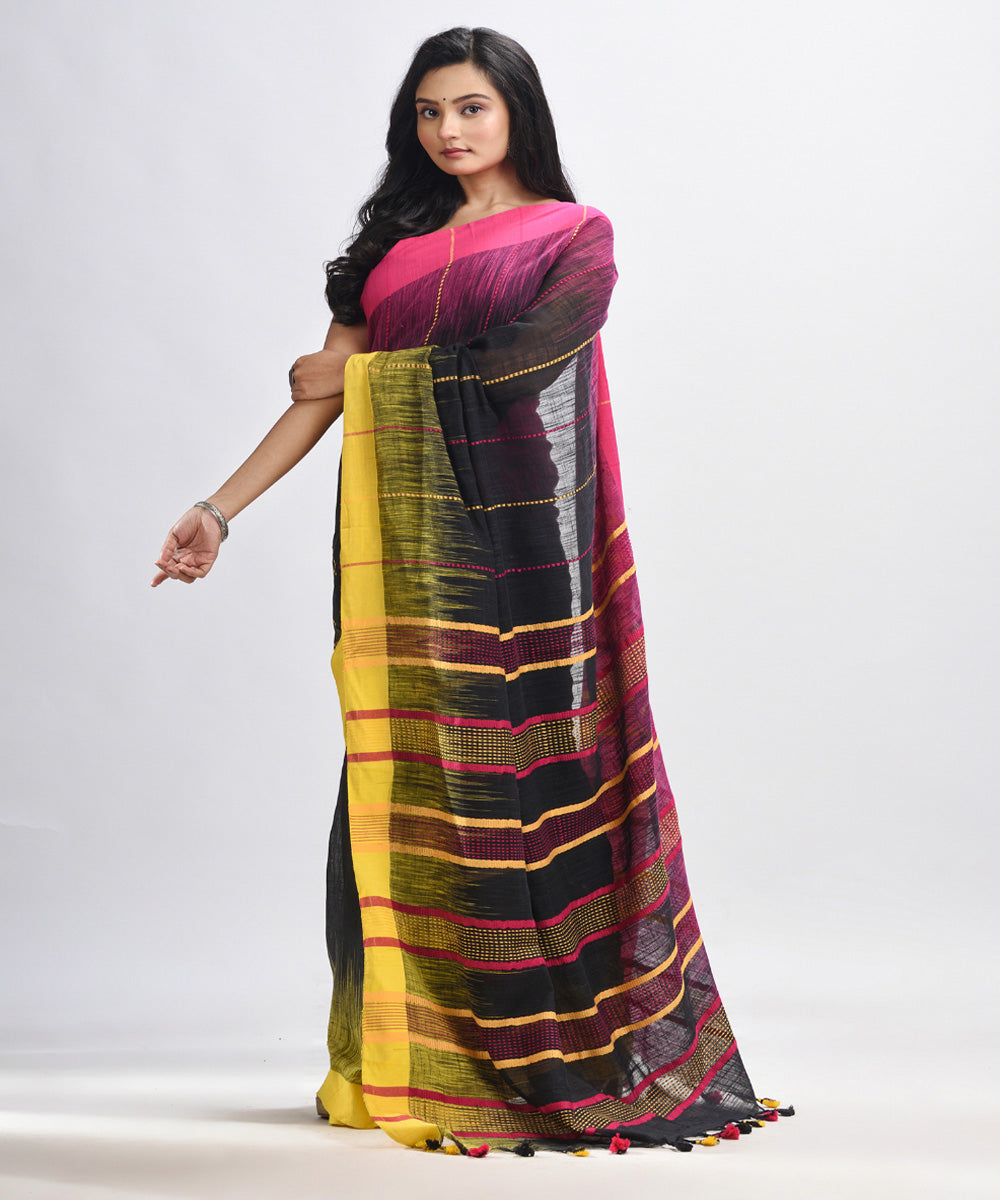 Black yellow pink handwoven tie dye cotton bengal saree