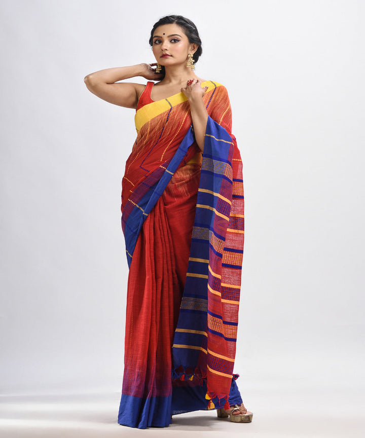 Red blue yellow handwoven tie dye cotton bengal saree