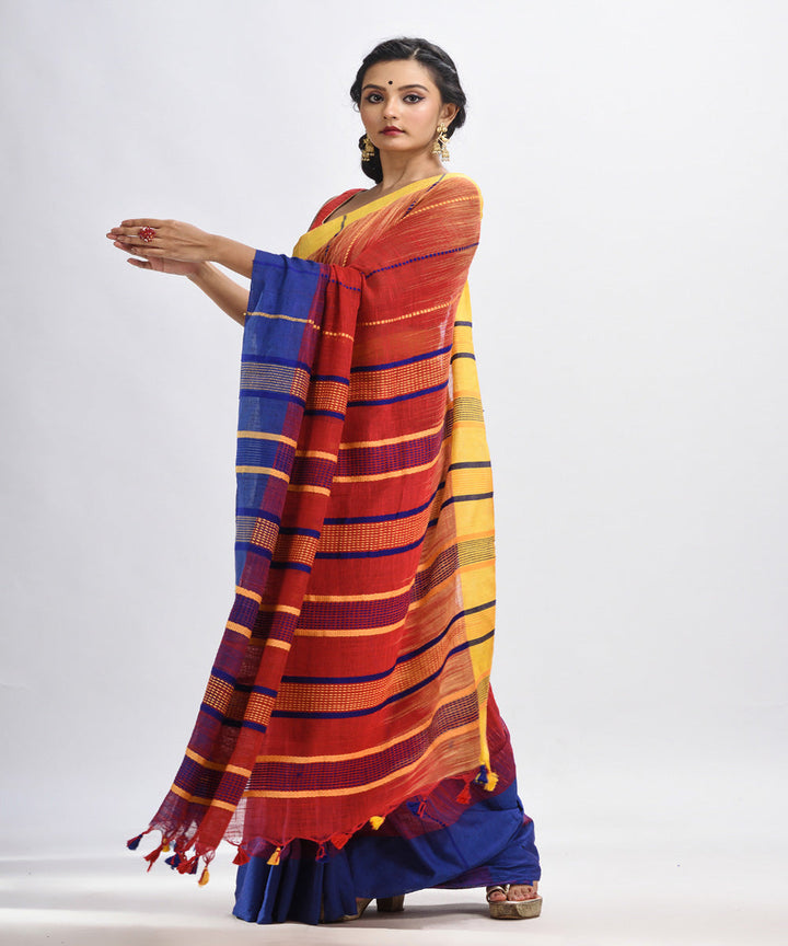 Red blue yellow handwoven tie dye cotton bengal saree