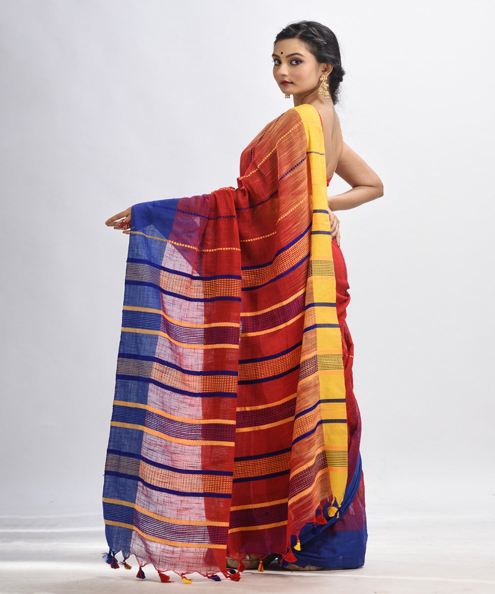 Red blue yellow handwoven tie dye cotton bengal saree