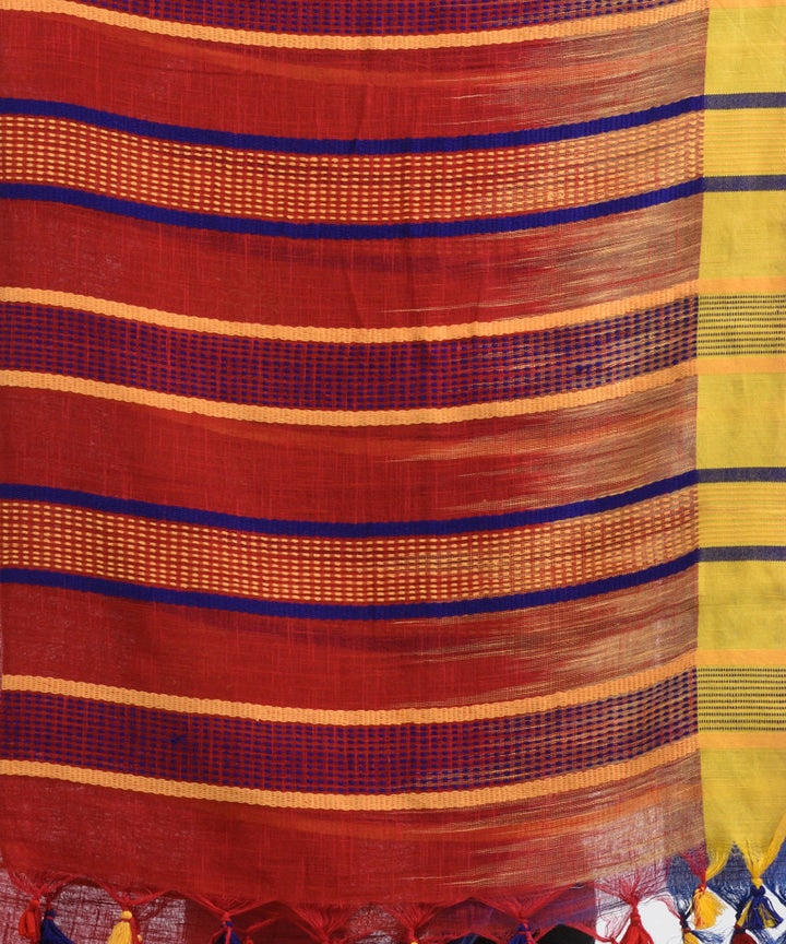 Red blue yellow handwoven tie dye cotton bengal saree